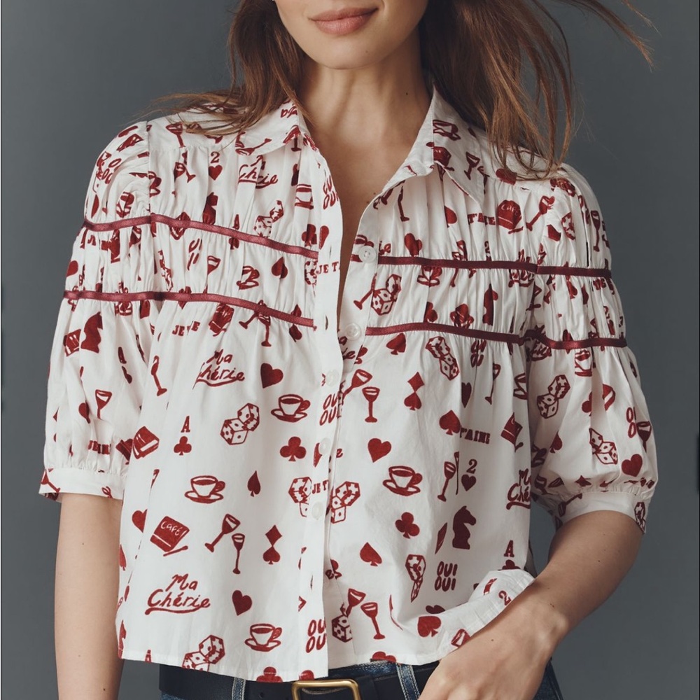 MAEVE The Leandra Flocked Shirred Yoke Blouse - White - Small